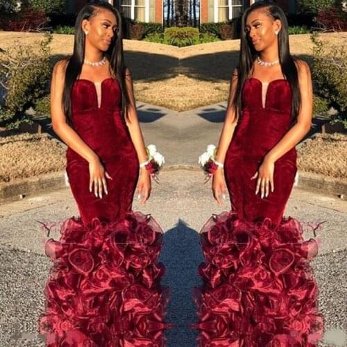 African Burgundy Mermaid Evening Dresses Sweetheart Velvet Ruffles Organza Floor Length Ruffled Formal Dress Evening Wear Party
