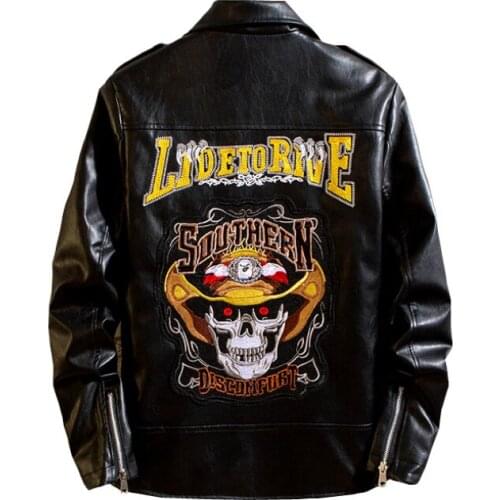 Men PU Leather Coats Skull Embroidery Printed Jacket Punk Outwear Black New