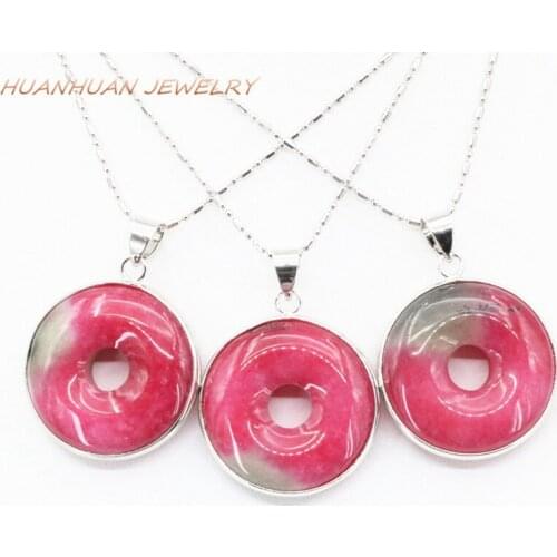 Stone Pendant Stainless Steel Chain Red Jades Flat Round Circle Necklace & Pendants For Women 26mm Charms Fashion Jewelry B3326
