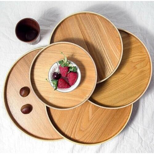 Round Wooden Serving Tray Wood Plate Tea Food Dishe Drink Platter Food Server Plate Dinner Beef Steak Fruit Snack Dessert Tray