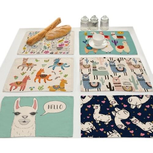 Cartoon Cute Alpaca Linen Cloth Placemat Animal Print Dining Table Mat Cup Drink Coasters Kitchen Accessories Decoration Home