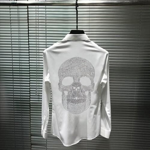 2021 Mens Spring And Autumn Shirt Exaggerated Skull Hot Rhinestone Brand 3D Top Quality Street Trend Long Sleeve