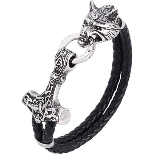 Mens Viking Thors Hammer Leather Bracelet Stainless Steel Wolf Head Asymmetric Amulet Bracelet All-match Jewelry