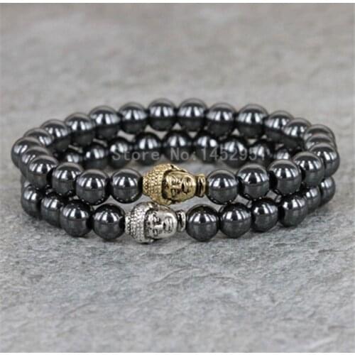 A Set 8mm Natural White Stone Lava Bead Hand Bracelet Buddha Head yoga Stretch Bracelet For Man and Women