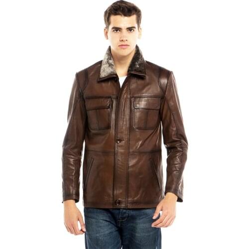 Genuine Soft Lambskin Leather Jacket Handmade Man Brown Jacket Biker Motorcycle Style Jacket Bomber Real Fur Coat Custom Produc