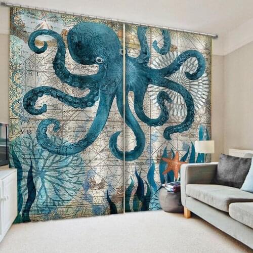 Blue Ocean Green Nautical Sea Turtle Octopus Window Curtains for Living Room Bedroom Modern Curtains Home Decoration Drapes