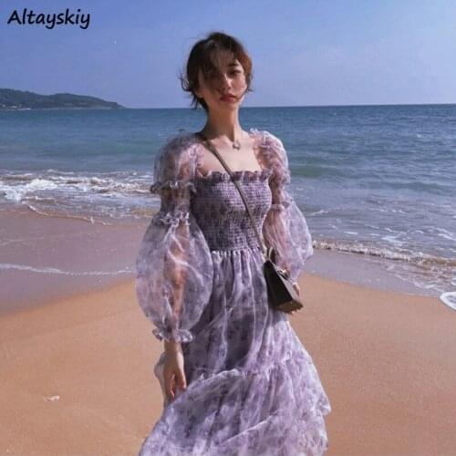 Dresses Women Mesh French New Summer Sweet Leisure Mid-calf Cozy Design Cute Lovely Print Student Long Sleeve Fashionable Purple