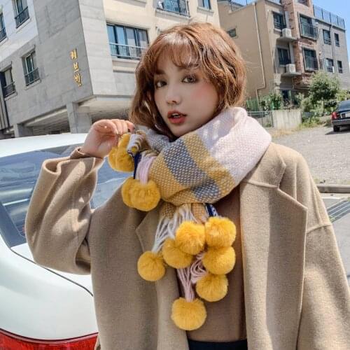 2020 Plaid Rabbit Hair Ball Cashmere Scarf Fringed Faux Cashmere Winter Scarf Design Shawl Womens Wrap Ladies Scarf