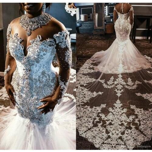 2020 Plus Size Wedding Dresses Rhinestones Crystals Lace Beaded Long Sleeve Court Train South African Mermaid Wedding Dress