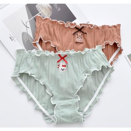 Cute Cartoon Animal Embroidery Cotton Girls Underwear Sexy Ruffled Seamless Panties Hip-Lifting Breathable Female Briefs Tanga