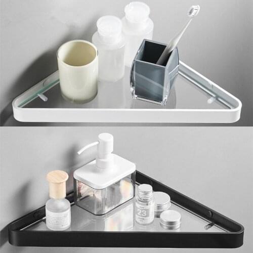 Tuqiu Corner Shelf Nail Free Bathroom Shelf Storage Holder Black bathroom glass shelf White Shower room Rack,Cosmetic Shelf