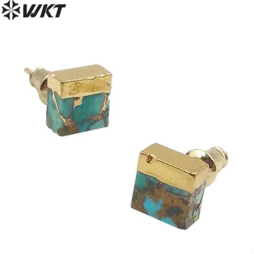 WT-E601 Wholesales Natural tur quoise studs with gold electroplated women fashion 7mm tiny stone studs gold studs
