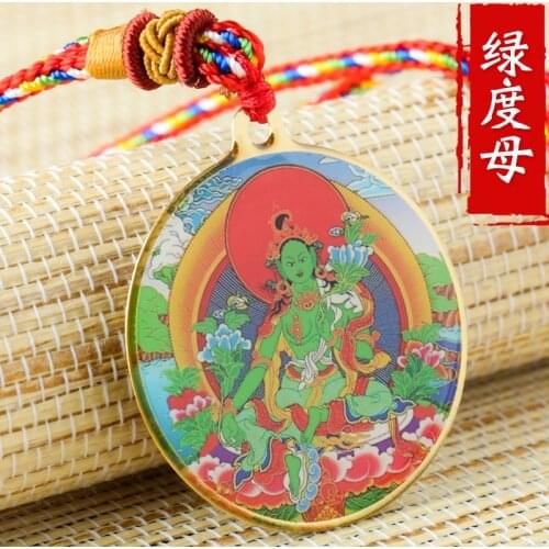 Green Tara Buddha Statue Small Thangka Tibetan Buddhism Copper Foil Pendant Necklace