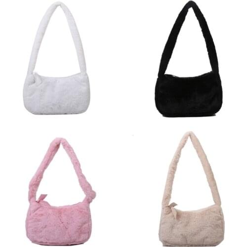 Women Plush Shoulder Underarm Bag Soft Autumn Winter Fashion Fluffy Female Shopping Tote Solid Color Casual Zipper Fuzzy Handbag