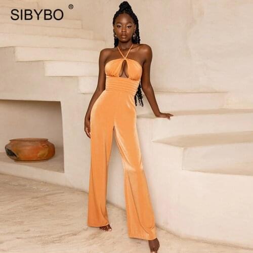 Sibybo Cut Out Halter Neck Jumpsuit Women Summer Green Backless Sexy Jumpsuit Femme Sleeveless Wed Leg Jumpsuit Party Outfits