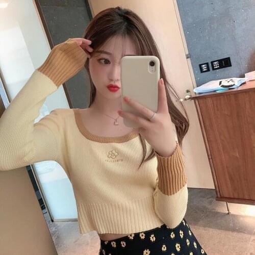 Woman Sweaters Pullover Contrast Color Sweater Fashion Slim Fit Inner Wear Autumn Knitted Shirt Long Sleeve Femme Chandails