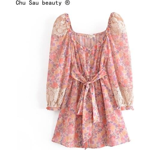 2021 Summer New Sweet Pink Floral Print Lace Stitching Square Collar Long-Sleeve Dress For Women Belt Vestido Chic