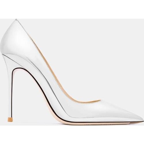 Free shipping fashion women pumps sexy lady silver patent leather pointy toe stiletto stripper high heels shoes 10cm big size