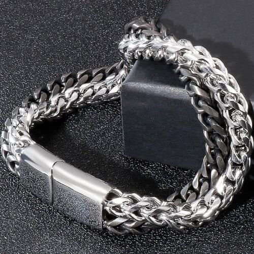 Stainless Steel Double Chain Bracelets On Hand Rocker Chic Style Mens Bracelet Mannen Armband With Magnet Clasp Two Tone Bangle