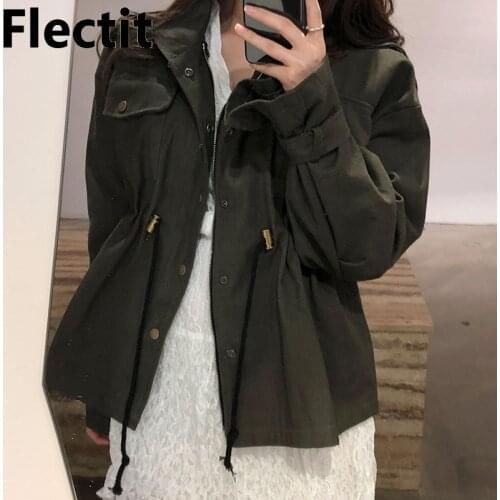 Flectit Green Trenchcoat With Snap Button Patched Pocket Ulitily Jacket Womens Outerwear & Coats
