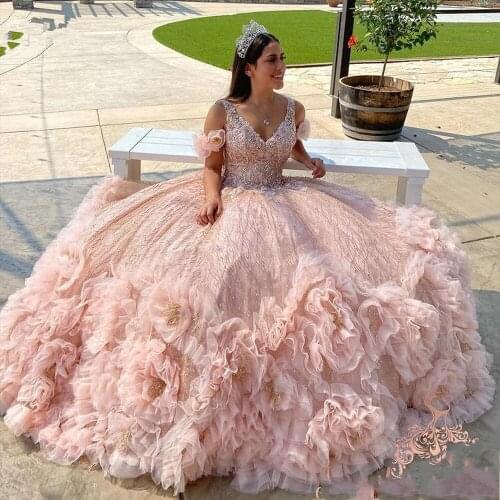 Sparkly Rose Gold Sequined Tulle Spaghetti Strap Ball Gown Quinceanera Dress Beading Flowers Ruched Sweet 15 Prom Party Dresses