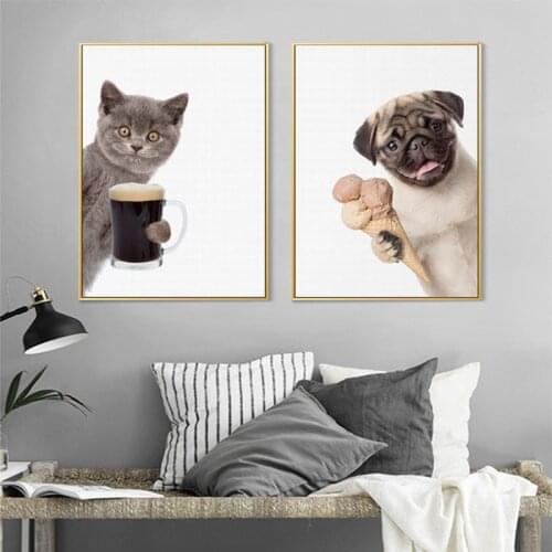 Cute Pug Dog And Cat Canvas Painting Funny Animals Hold Winebowl Prints Wall Art Decor Pictures Posters Aesthetic Room Decor