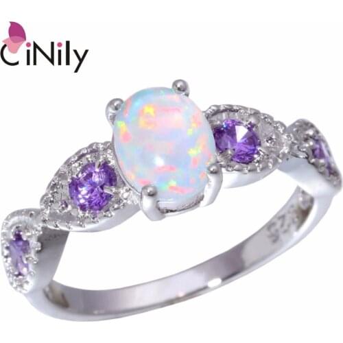 CiNily Authentic .925 Sterling Silver Created White Fire Opal Purple Zircon Wholesale for Women Jewelry Ring Size 7 8 SR008