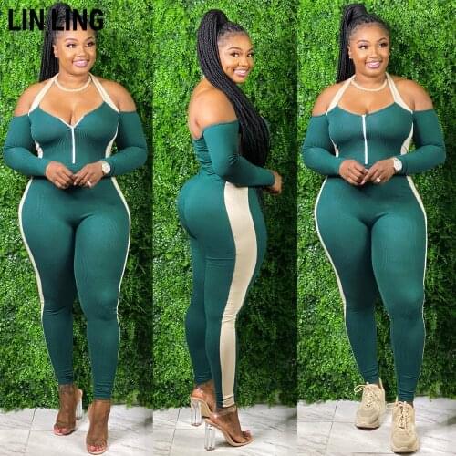 LINLING Stitched Jumpsuit Sexy Halter Open Back Zipper Stripe Slim Fit Elastic Fashion Bodycon Pencil Pants
