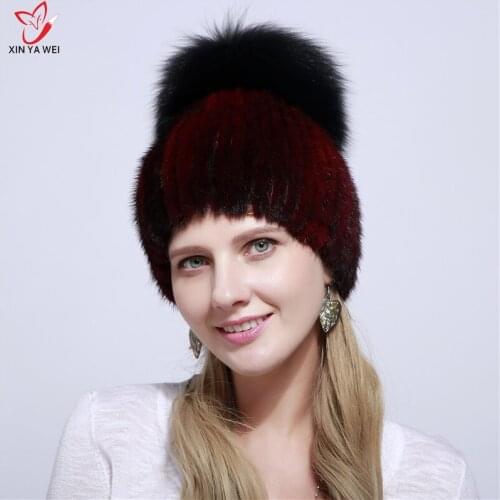 Fur hat fox winter hat fur pompoz ladies hats russian winter warm women soft caps hats winter knit hats for women mink fur hats
