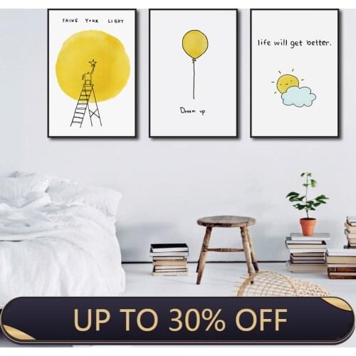 Cute Cartoon Canvas Painting Yellow Wall Art Lovely Sun Dinosaur Bee Decor Pictures for Living Room Bedroom Kid Room