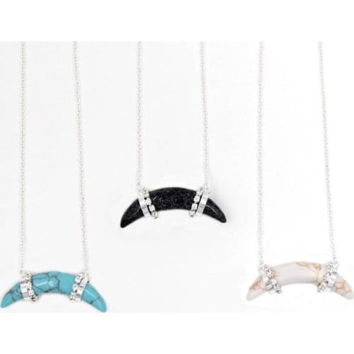 Fashion Choker Necklace for Women 2016 Silver color green Stone Black White Faux Stone Crescent Horn Necklace Jewelry for Women