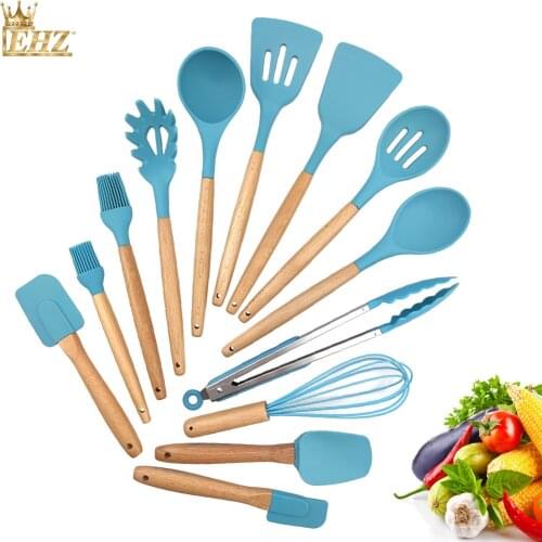 Silicone Cooking Utensil Set Kitchen Utensils Non-stick Heat Resistan BPA-Free Silicone Wood Handle Kitchen Cooking Tools Set