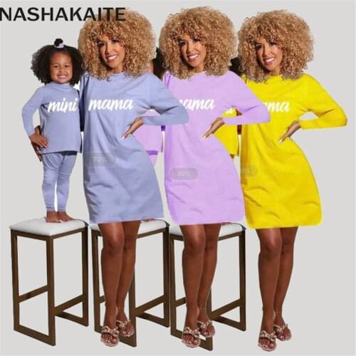 NASHAKAITE Mother And Daughter Clothes Solid Letter Long Sleeve T-Shirt Casual Dress Family Matching Clothes Mommy And Me Clothe