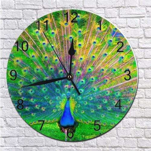 Peacocks Pattern Wall Clocks Decor Numeral Digital Dial Mute No Ticking Sound Battery Operated Clocks for Childrens Bedroom