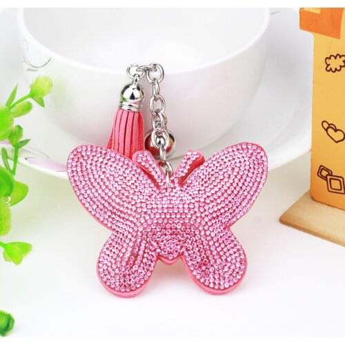 New Brand Design Crystal Rhinestone Butterfly Shape Key Chains Silver Plated Key Ring Accessories Women PU Leather Car Key Chain