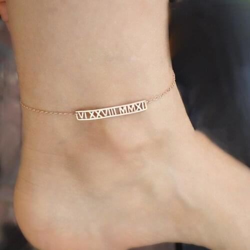 Custom Roman Numbers Anklet Personalized Date Name Leg Chain Stainless Steel Long Bar Ankle Foot Jewelry Accessories