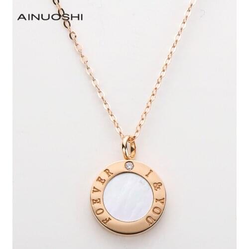 AINUOSHI 18K Rose Gold Real 0.01ct Diamond Black Agate & Mother-Of-Pearl Pendant Necklace For Women Wedding Party Jewelry 18"
