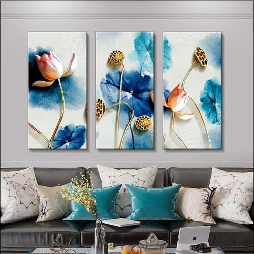 Simple Ink Lotus Canvas Painting, Modern Flower Poster, Lotus Mural, Golden Lotus Printing Waterproof Canvas, Family Decorative