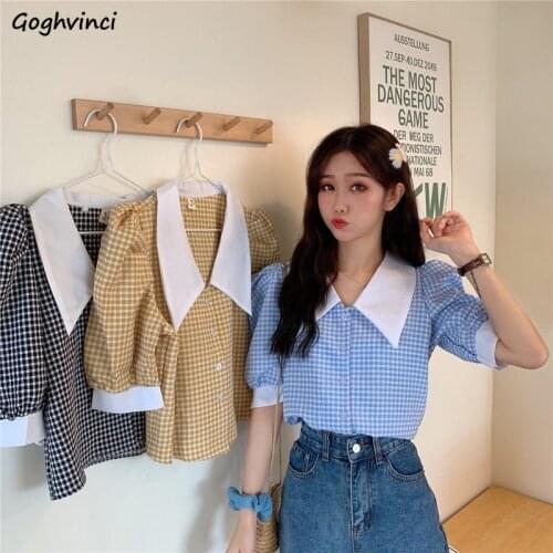Shirt Women 3-colors Plaid Students Puff Sleeve Single Breasted Straight Sweet Female Tops Turn-down Collar Preppy Style Retro