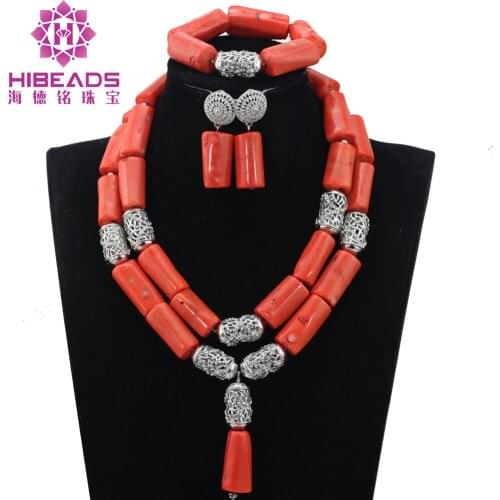 Silver Coral Bridal Necklace Set for Women African Costume Jewellery Set Beaded Coral Indian Jewelry Set CNR828