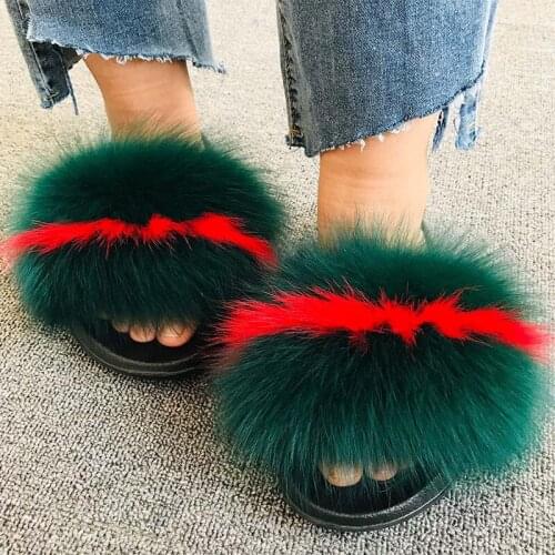 Womens Real Fox Fur Slippers Girls Plush Fluffy Slides Ladies Furry House Shoes Female Cute Indoor Flip Flops Large Size 35-45