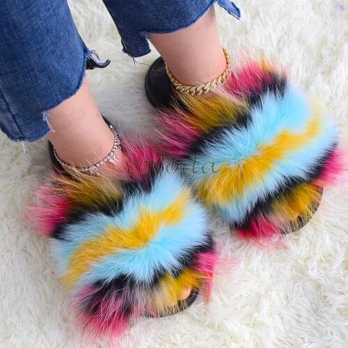 Fluffy Fur Slippers Women Fur Slides With Strap Girl Furry Shoes​ Lace-Up Flat Raccoon Fur Sandal Ladies Rainbow Fur Flip Flops