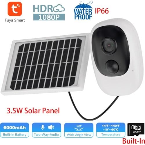 3.5W Solar Panel 1080P Outdoor Battery Operated WIFI Camera Tuya Smart Life Home Security CCTV PIR IR Camera with 32G TF Card