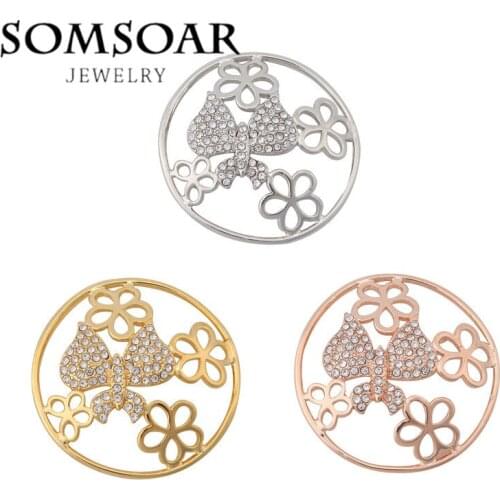 Somsoar jewelry 33MM 3D Butterfly with Rhinestone Crystal Coin Fit 35MM My Coin Holder Pendant for necklace jewelry 10pcs/lot