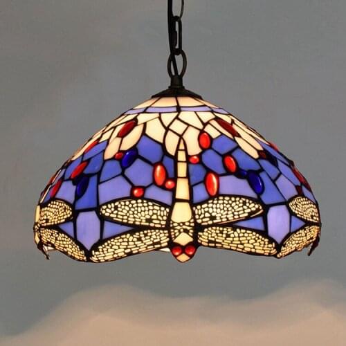 Modern Mediterranean Creative Blue Dragonfly Vintage Tiffany Colored Glass Personalized Decorative Hanging Lamp 30cm Lamp