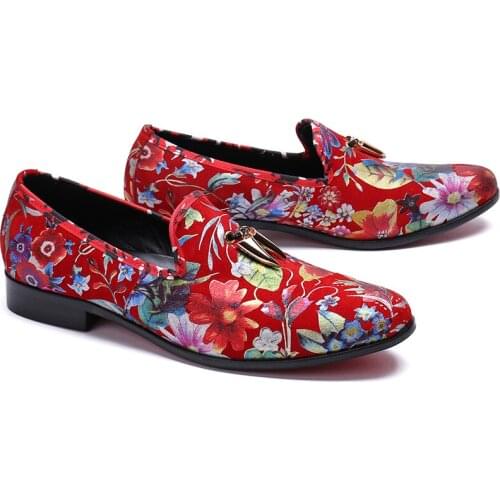 Luxury Brand Mens Leather Shoes British Style Shark Tooth Loafers Flowers Printed Mens Party Wedding Shoes Prom Banquet Flats