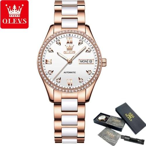 OLEVS Ladies Watch Bracelet Set Designer Luxury Waterproof Automatic Mechanical Watch Ceramic Diamond Date Display Watch 6637