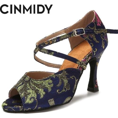 CINMIDY Woman Latin Dance Shoes Tango Salsa Rumba Waltz Ballroom Training Shoes Black Blue 5CM- 10CM Girls Satin High Heels
