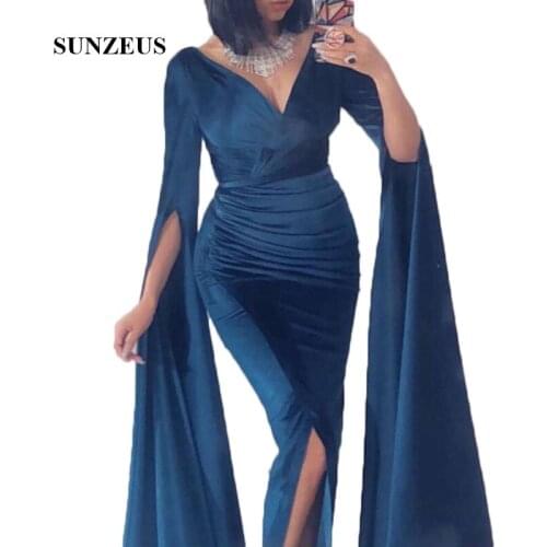 Sheath Velvet Formal Dresses Long V Neck Dramatic Long Sleeve Sexy Evening Gowns with Slit Simple Evening Dresses 2021 Newly