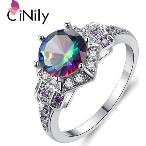 CiNily Luxurious Mystic Rainbow Colorful Zircon Ring Silver Plated for Woman Jewelry Ring Fashion Party Birthday Gift NJ90